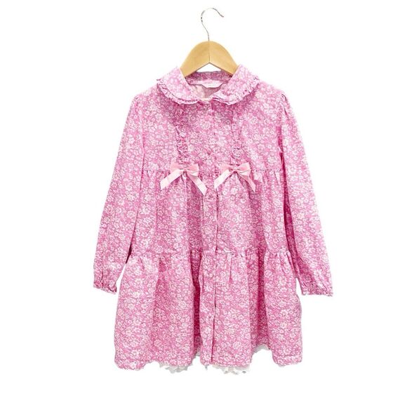 Pas a Pas Other - Pink Floral Dress - Bows & Buttons Lined Lace Ruffle Girls 13 Cottagecore Easter